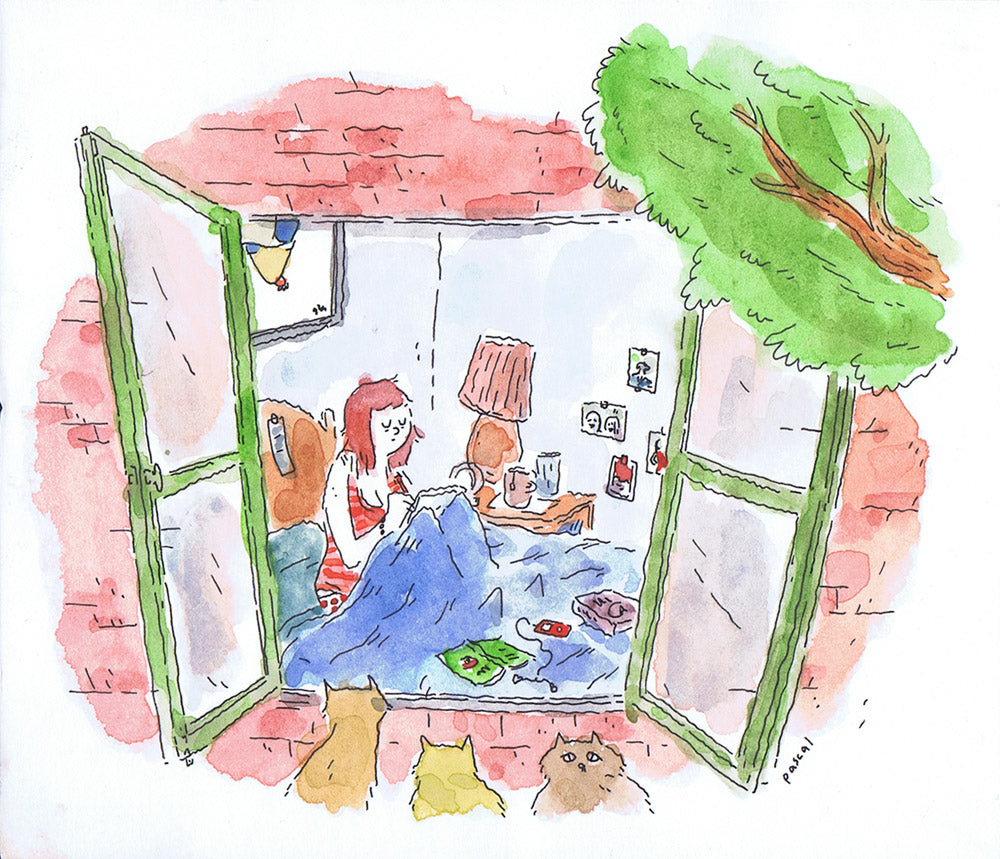 Illustration - Woman in bed with open window and cats