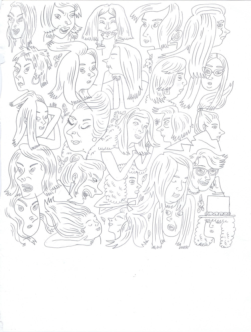 Pencil drawing of women`s heads